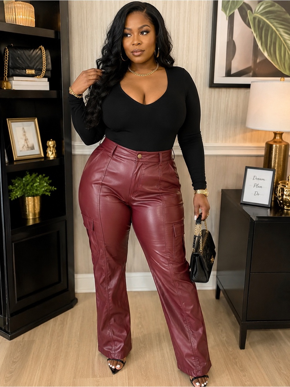 Faux Leather Cargo Pants - Burgundy